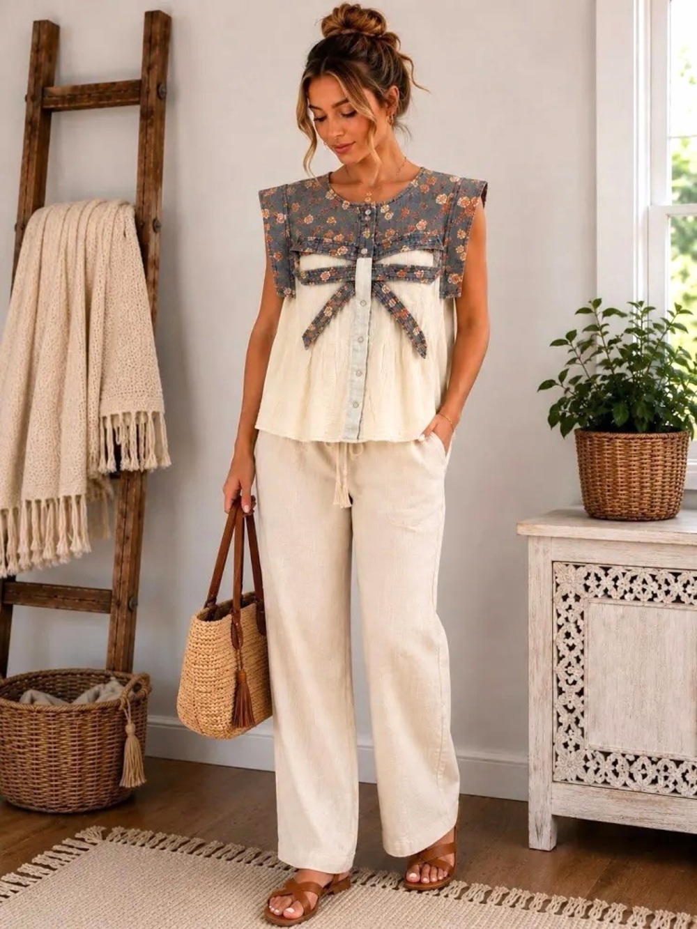 BiBi Floral Print Denim Mixed Fabric Bow Front Sleeveless Top
